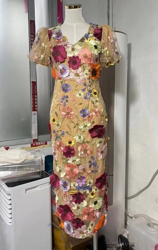 Heidi-Mode | Runway Frühling/Sommer Neu Mesh 3D Blumenstickerei Perspektiv Abend Prom Kleid Frauen Urlaub Robe Vestido Fest