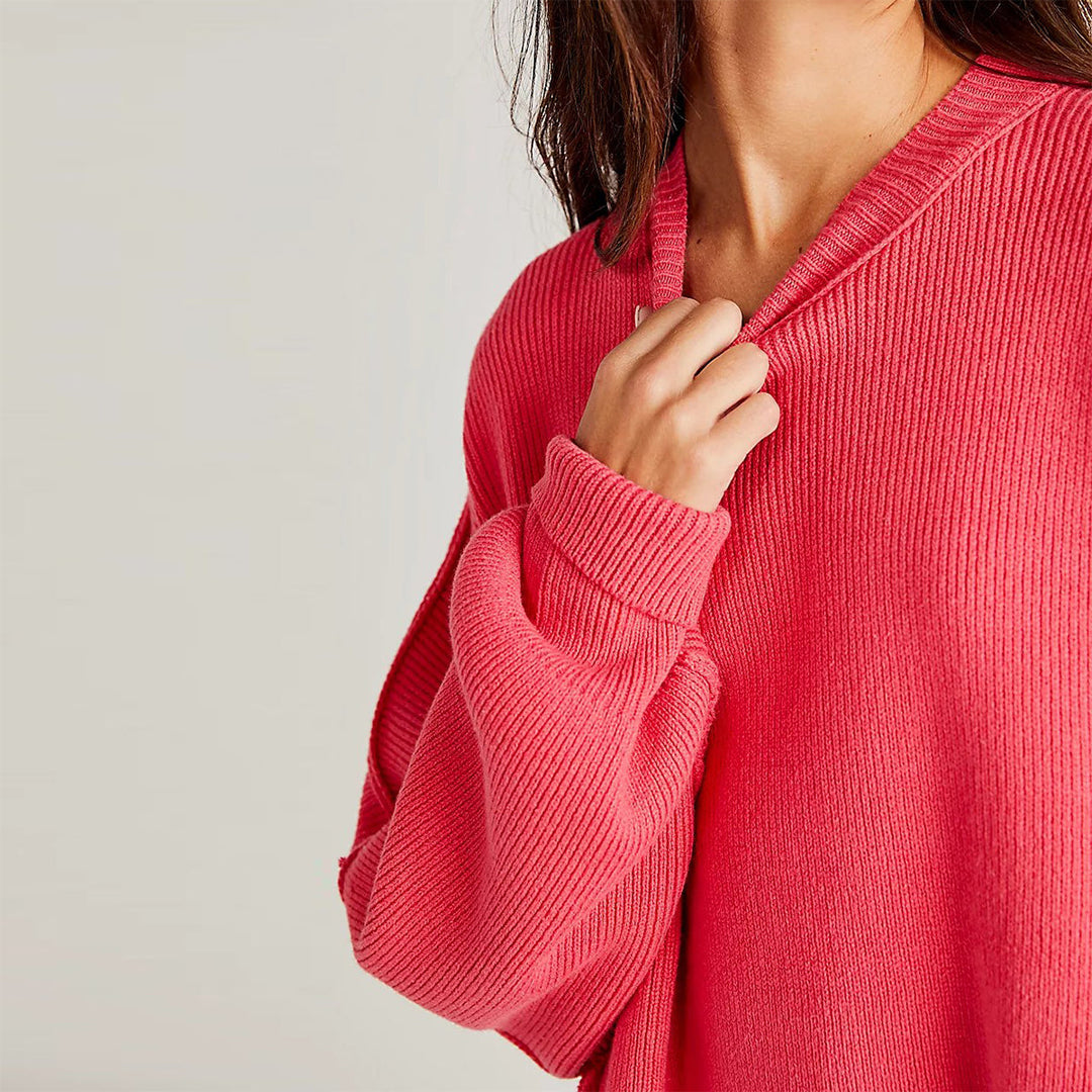 Heidi-Mode | Eleganter Damenpullover Rot Übergröße mit Rundhalsausschnitt und Langen Ärmeln