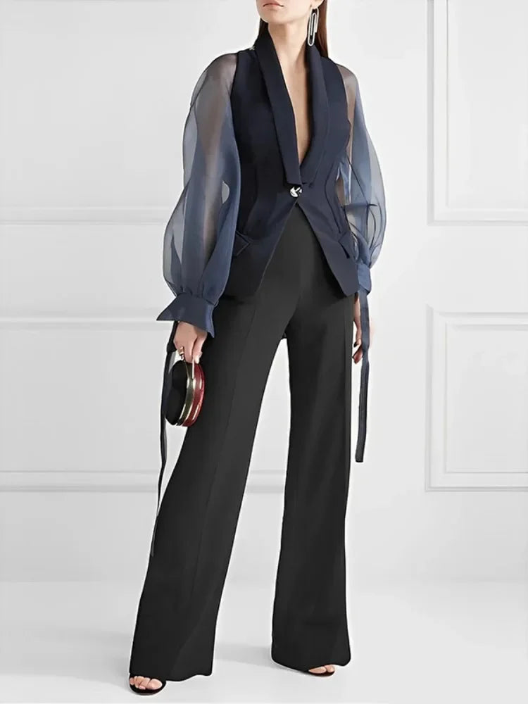 Heidi-Mode | Bonboho Blaue Jacke Anzugtop für Frauen Revers V-Ausschnitt Puffärmel Geknöpfte Bluse & Bluse für Urban Feminine Frühling und Sommer Tops
