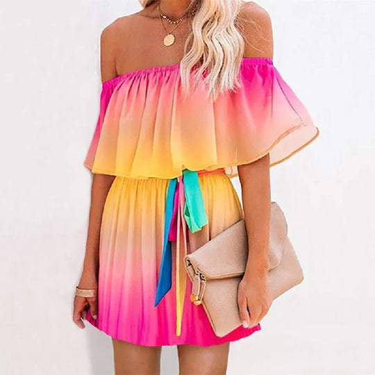 Heidi-Mode | Mehrfarbig Bohemian Rüsch Off Shoulder Selbst Gürtelt Festkleid Baumwolle Tunika Frauen Boho Maxi Kleider Vestidos A324