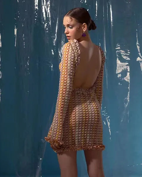 Heidi-Mode | Rückenfreie Gestreifte Strandkleid Frauen Mode Hohle Mini Boho Kleid Sommer Elegant Farbig Langärmlig Bikini Abdeckung