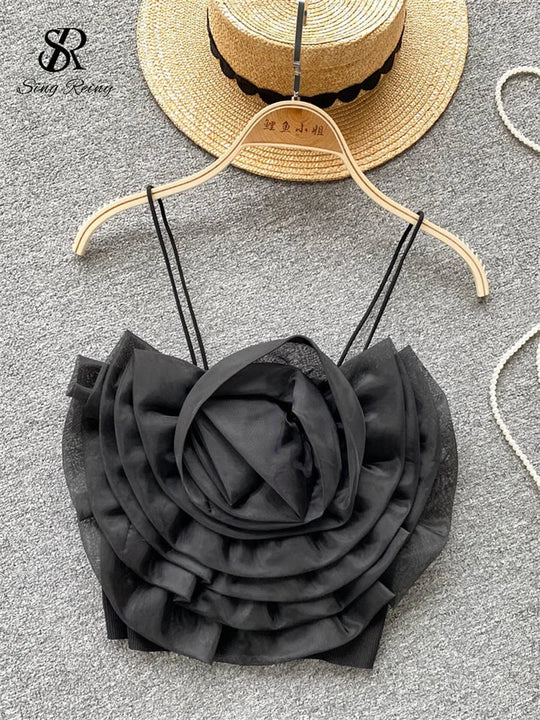Heidi-Mode | Damen 3D Blumen Urlaub Stil Sexy Camis Sommer Design Kurzoberteile Damen Unifarben Slim Kurz Streetwear Strand Camisole