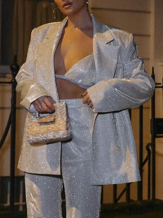 Heidi-Mode | Fantoye Herabgestürzter Kragen Pailletten Frauen Blau Jacke Set Silber Langärmlige Tops Lässige Hosen Frauen Frühling Locker Mode Streetwear