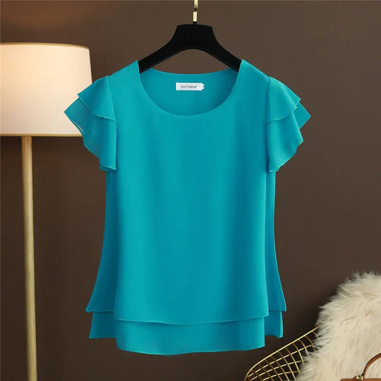Heidi-Mode | Chiffon Bluse mit O-Ausschnitt und Kurzen Ärmeln