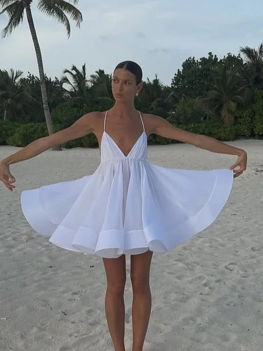 Heidi-Mode | Elegante Gelbe Plissierte A-Linie Mini Kleid Frauen Sexy Ohne Ärmel Offener Rücken Schnürkleider Sommer Damen Urlaub Strand Kleider