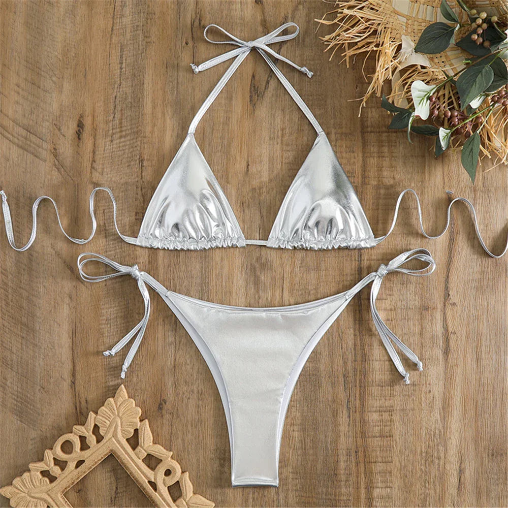 Heidi-Mode | Halter Triangle Sexy Bikini Set Frauen Patentleder Glitzer Badeanzug Sommer Einfarbig G String Bademode Seitenschnürung Monokini
