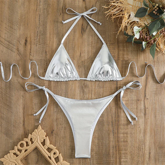 Heidi-Mode | Halter Triangle Sexy Bikini Set Frauen Patentleder Glitzer Badeanzug Sommer Einfarbig G String Bademode Seitenschnürung Monokini