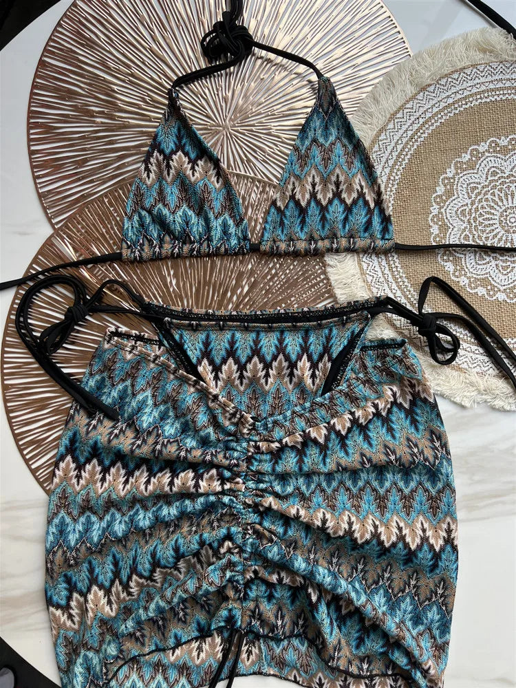 Heidi-Mode | Damen Schwimmbekleidung Farbige Ahornblätter Gestrickter Bikini Rock Dreiteiliges Set Geschnittene Schwimmbekleidung Bikini