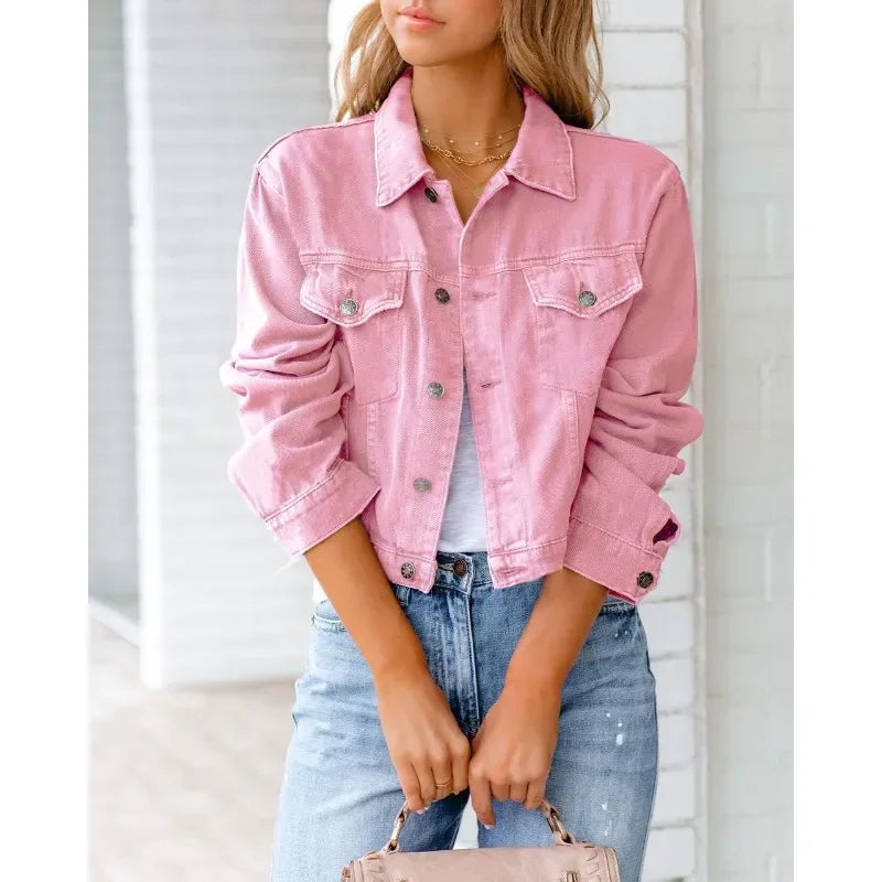 Heidi-Mode | Kurze Taschenjacke Mode Streetwear Einfache Knopf Trend Frauen Denim Jacken Lange Ärmel Herbst Neu Denim Denim Jacken