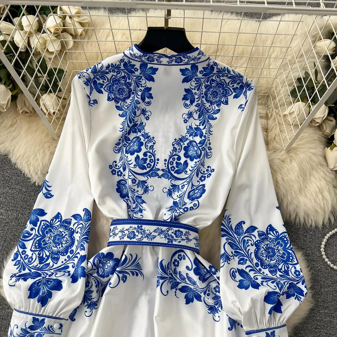 Heidi-Mode | Neue Mode Catwalk Rot und Weiß Porzellan Kleid Frauen Stehen Lange Laterne Ärmel Blau Blumenmuster Hemd Robe Vestidos