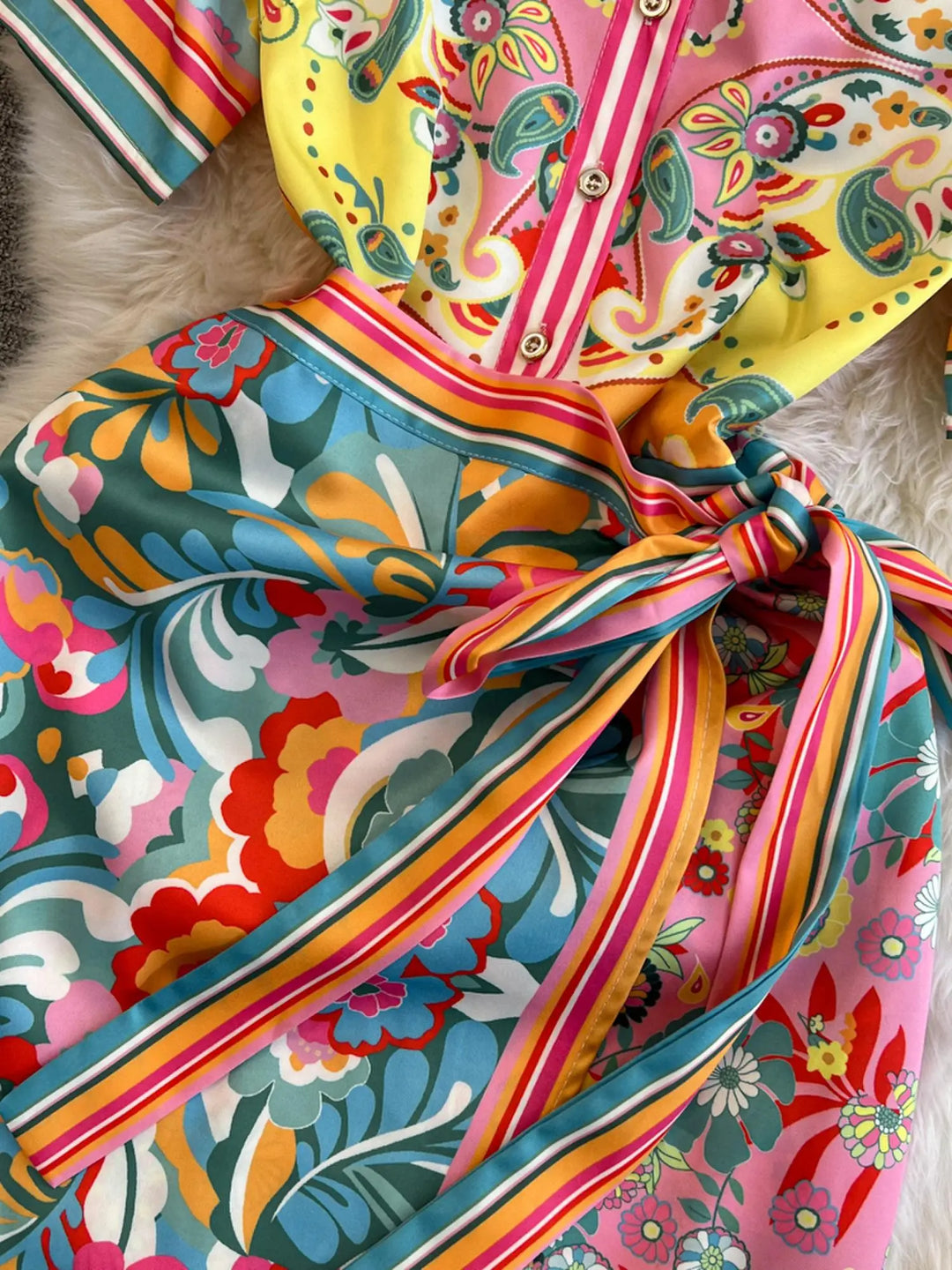 Heidi-Mode | Sommermode Designer Kleid Damen O-Ausschnitt Kurze Ärmel Blumenmuster Streifen Vintage Gürtel Schnürung Unregelmäßige Midi Kleider