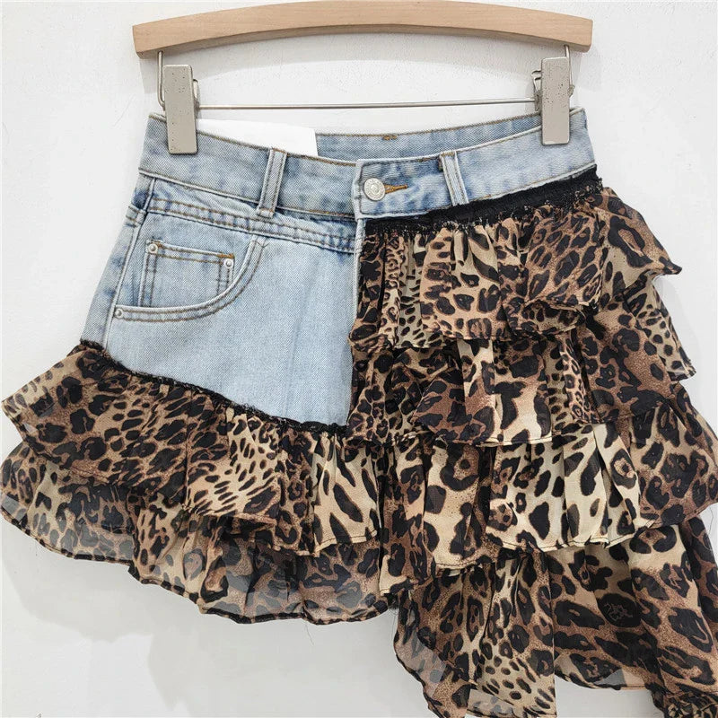 Heidi-Mode | Denim-Splicing Unregelmäßige Kurze Röcke für Frauen Sommer Neue Mode Vielseitiger Chiffon Minirock Frau Trend