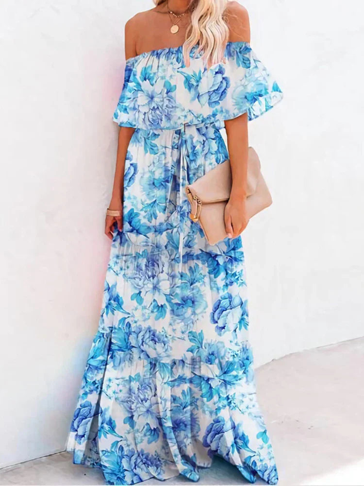 Heidi-Mode | Mehrfarbig Bohemian Rüsch Off Shoulder Selbst Gürtelt Festkleid Baumwolle Tunika Frauen Boho Maxi Kleider Vestidos A324