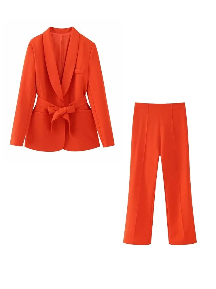 Heidi-Mode | Damen Legere Blaue Jacke Schicker Oberbekleidung Elegante Flared Hosen Lange Ärmel V-Ausschnitt Gürtel Büro Pendler Anzug Set