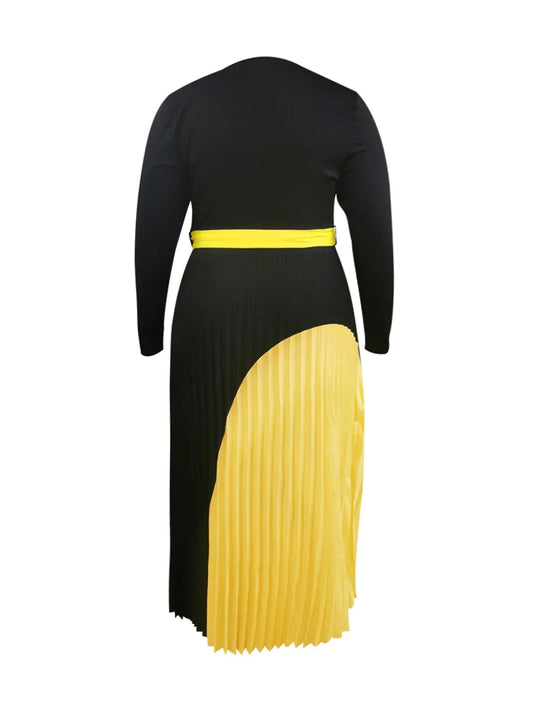 Heidi-Mode | Elegante Herbst Maxi Kleider Bandage Design Geschichteter Plisseefalten A-Linie Kleid Gürtelträger Lange Ärmel V-Ausschnitt Fließendes Patchwork Vestidos