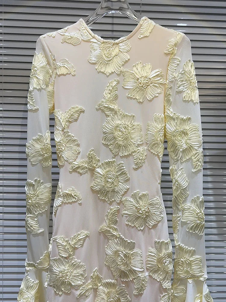 Heidi-Mode | Mode Damen Stickerei Blume Rücken Hohle aus Kleid Frühling Trendy O-Ausschnitt Flare Ärmel Kleider Weiblich