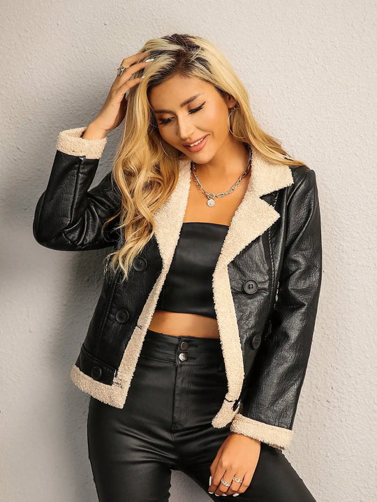 Heidi-Mode | Frauenmode Chic Teddy Panel Pu Lederjacke Vintage Kragen Doppelknopf Crop Oberbekleidung Mujer