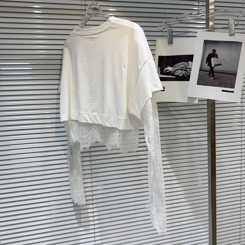 Heidi-Mode | Gemustertes Gedrucktes Kurzarm Wellen Spitzen T-Shirt Zwei Teile Set für Frauen Frühling Neue Artikel Lässige Kleidung