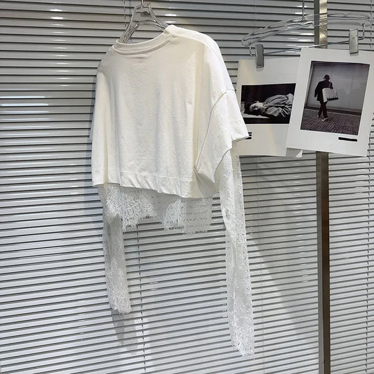 Heidi-Mode | Gemustertes Gedrucktes Kurzarm Wellen Spitzen T-Shirt Zwei Teile Set für Frauen Frühling Neue Artikel Lässige Kleidung
