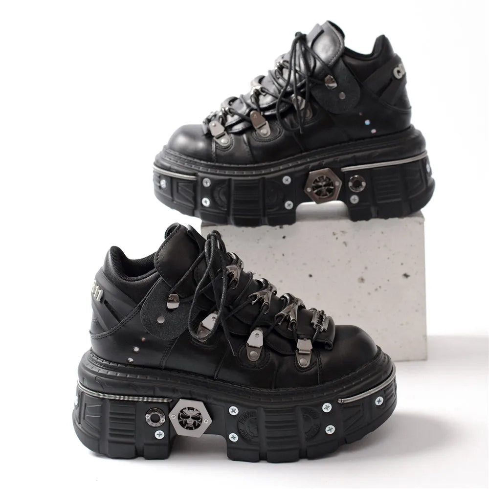 Heidi-Mode | Frauen Ankle Boots für Frauen Dicke Sohle Schnürsenkel Metall Dekoration Runde Zehen Plattform Schuhe Ladeis Punk Gothic Sneakers