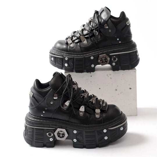 Heidi-Mode | Frauen Ankle Boots für Frauen Dicke Sohle Schnürsenkel Metall Dekoration Runde Zehen Plattform Schuhe Ladeis Punk Gothic Sneakers
