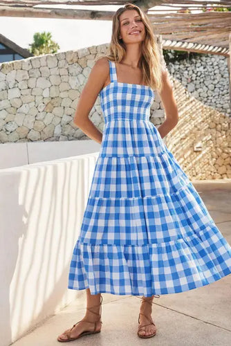 Vintage Blauer Gingham-Kleid für Damen