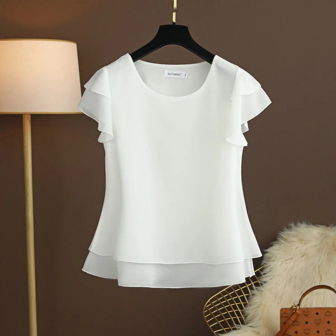 Heidi-Mode | Chiffon Bluse mit O-Ausschnitt und Kurzen Ärmeln