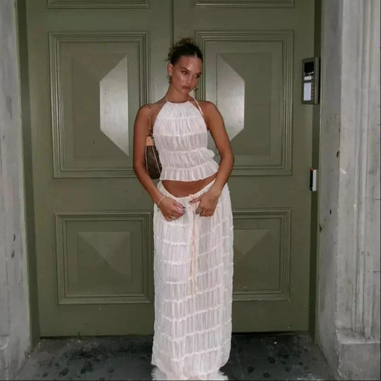 Heidi-Mode | Damen Sommerferien Strand Cover Ups Kleid Set Ärmellos Raffung Halterneck Lange Rock Anzug Top Schnüre Falten Maxi Röcke