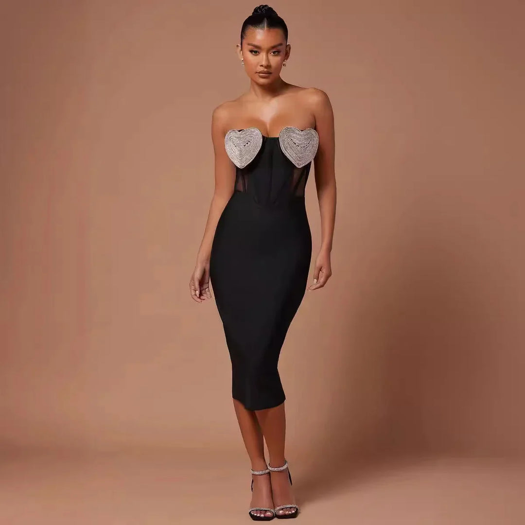 Heidi-Mode | Frauen Sexy Off The Shoulder Herz Diamant Strapless Bodycon Midi Bandage Kleid Nachtclub Fest Feiern Outfit