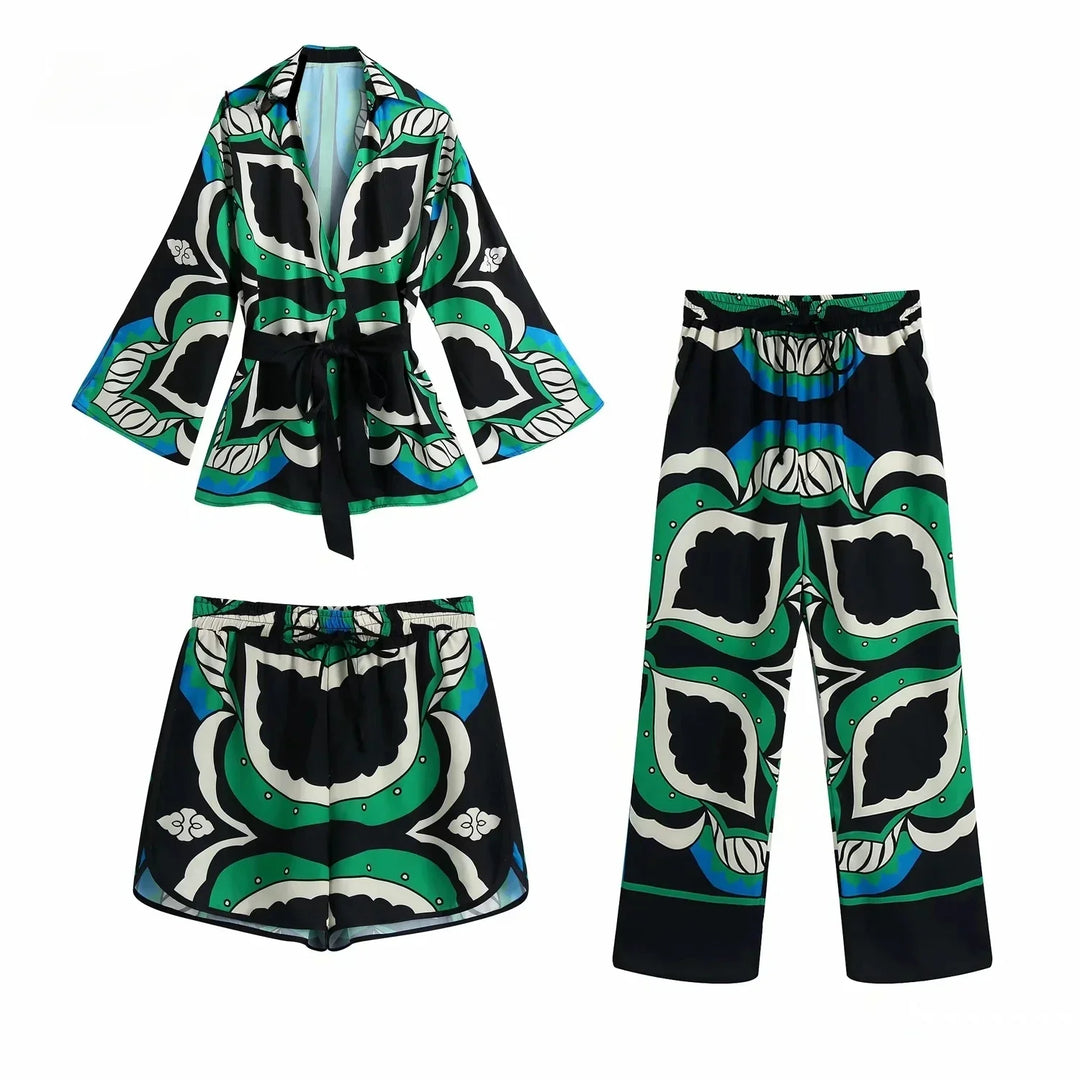 Heidi-Mode | Foridol Übergröße Grün Print Boho Frauen Shorts Set Shirts Shorts Hosen Drei Stücke Mode Set Passende Set Sommer