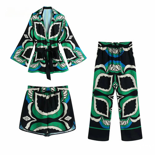 Heidi-Mode | Foridol Übergröße Grün Print Boho Frauen Shorts Set Shirts Shorts Hosen Drei Stücke Mode Set Passende Set Sommer