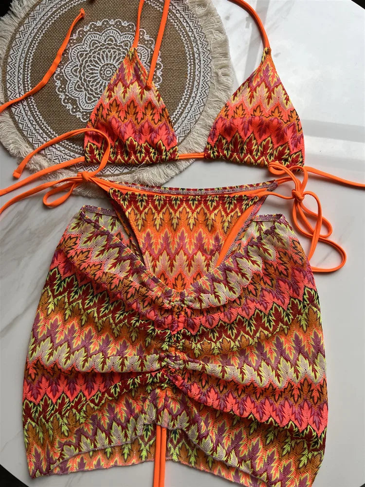 Heidi-Mode | Damen Schwimmbekleidung Farbige Ahornblätter Gestrickter Bikini Rock Dreiteiliges Set Geschnittene Schwimmbekleidung Bikini