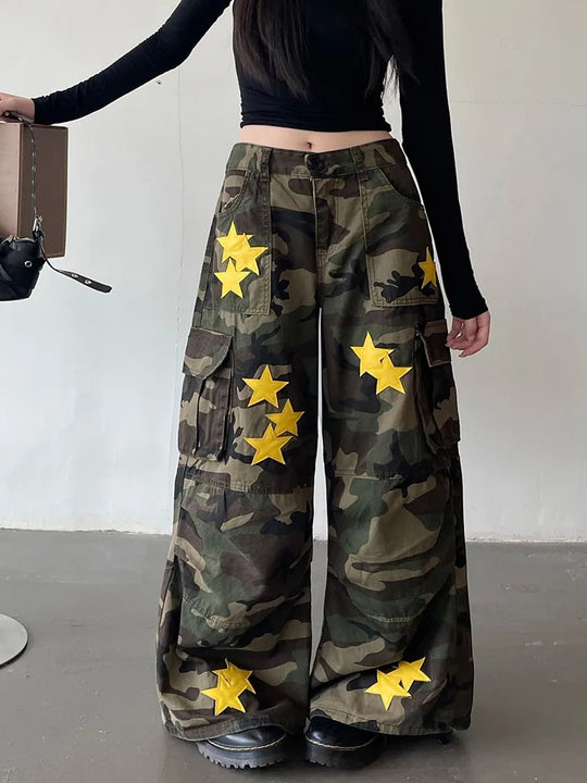 Heidi-Mode | Y2K Kleidung Frau Stern Stickerei Camouflage Baggy Jeans Cargo Hosen für Frauen Kleidung Breite Bein Damen Neu Rock Lange Hosen