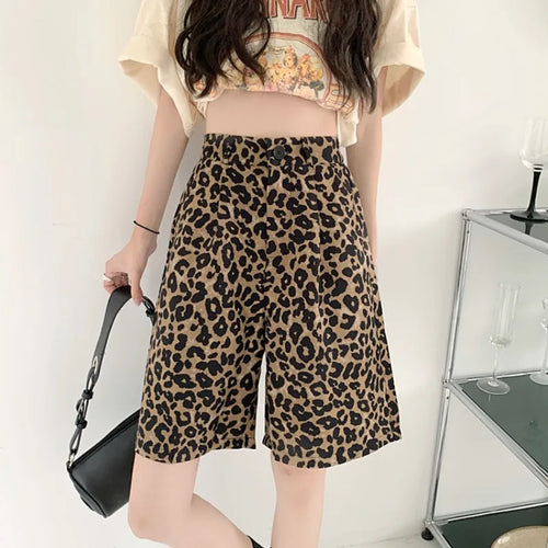 Frauen hohe Taille Taste Reißverschlusstaschen mit geometrischen Mustern Leopard Print Shorts