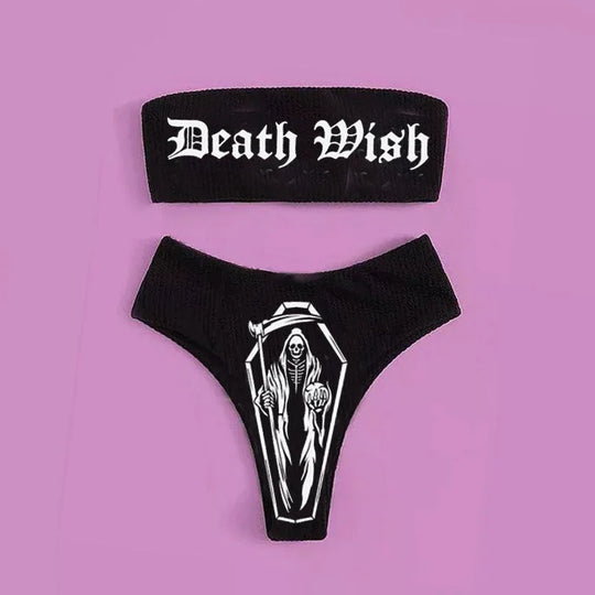 Heidi-Mode | Sexy Goth Bikini Frauen Buchstaben Totenkopf Druck Badeanzug Split Badeanzug Hohe Taille Gotische Bikini Set Strandoutfits