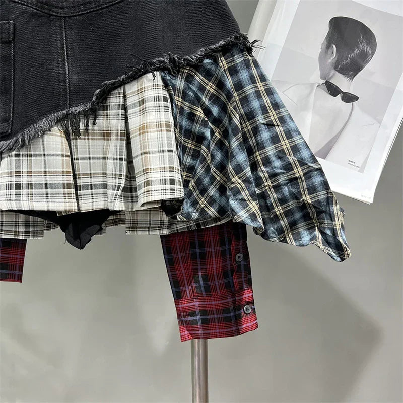 Heidi-Mode | Jahrgang Unregelmäßig Patchwork Kariert Röcke Denim Kurz für Frauen Hohe Taille Eingewickelt Hüfte Mini Rock Sommer Weiblich