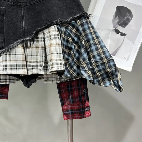 Heidi-Mode | Jahrgang Unregelmäßig Patchwork Kariert Röcke Denim Kurz für Frauen Hohe Taille Eingewickelt Hüfte Mini Rock Sommer Weiblich