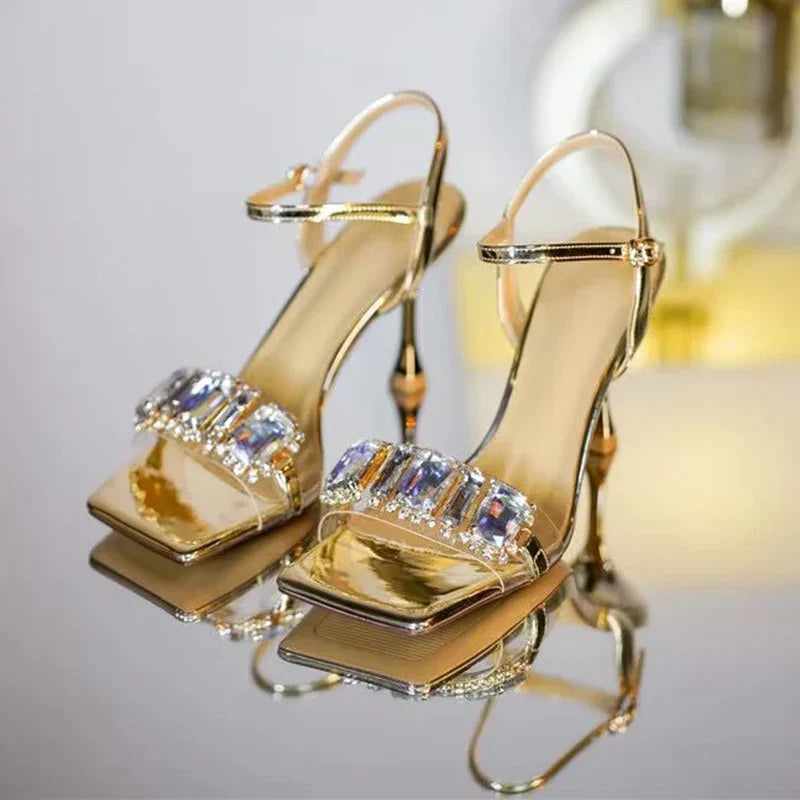 Heidi-Mode | Gold Silber Hohe Absätze Sandalen Frauen Sommer Quadratische Zehe Glänzende Kristall Sandalen Frauen Knöchellaschen Dünner Absatz Fest Pumps Schuhe