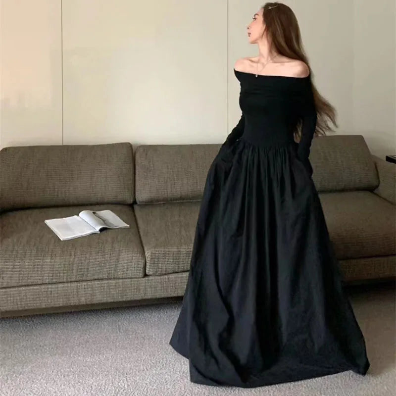 Heidi-Mode | Schwarz Elegant Slash Neck Lange Kleid Frauen Y2K Frühling Koreanisch Sexy Off Shoulder Lange Ärmel Kleid Mode Alle Match Festkleider