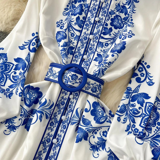 Heidi-Mode | Neue Mode Catwalk Rot und Weiß Porzellan Kleid Frauen Stehen Lange Laterne Ärmel Blau Blumenmuster Hemd Robe Vestidos