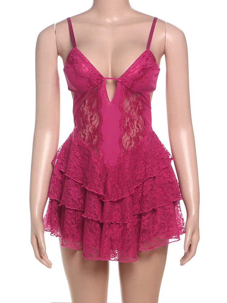 Heidi-Mode | Spitzen-Spaghetti-Träger Sexy Mini Kleid für Frauen Mode Loch Ohne Ärmel Rückenfrei Hohe Taille Voluminös Kleid Elegant