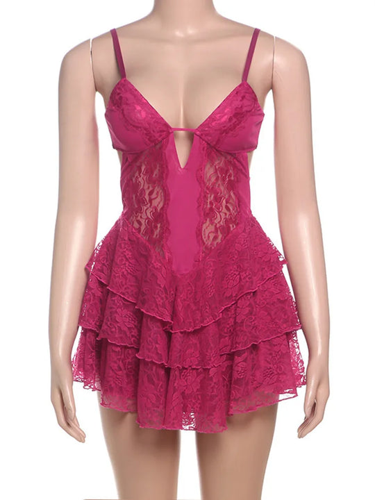 Heidi-Mode | Spitzen-Spaghetti-Träger Sexy Mini Kleid für Frauen Mode Loch Ohne Ärmel Rückenfrei Hohe Taille Voluminös Kleid Elegant