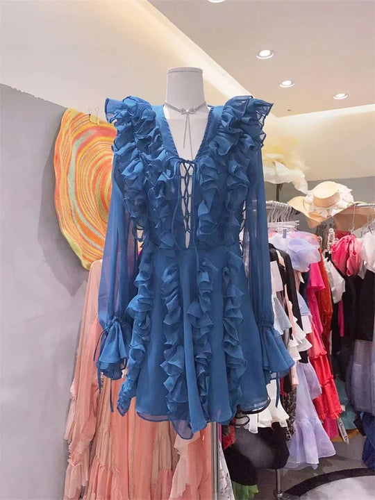 Heidi-Mode | Tossy V-Ausschnitt Schnürung Rüschensommerkleid für Frauen Mesh Bandage Hohe Taille Mode Abendkleid Kleid Weibliches Minikleid