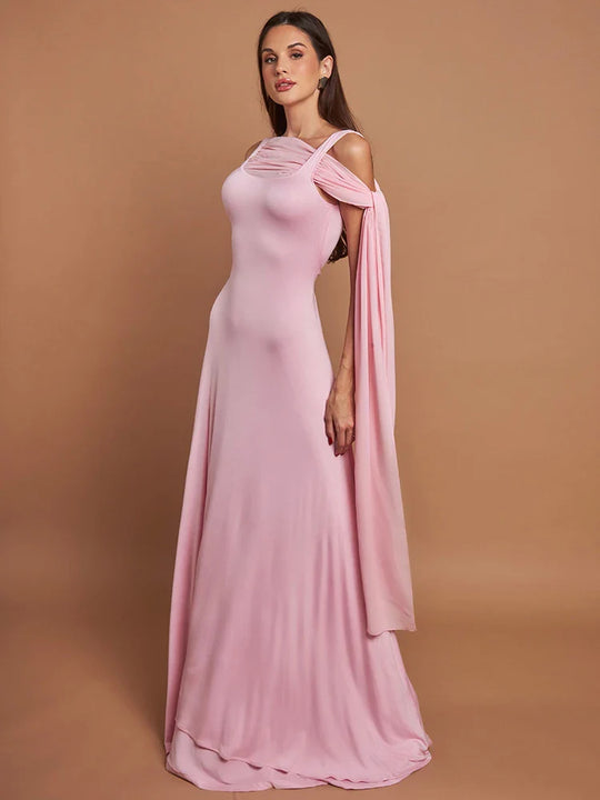 Heidi-Mode | Pink Cape Sleeve Sexy Maxi Kleid für Frauen Off Shoulder Rückenfrei Gown Elegant Schrägkragen Schnürung Lang Kleid Vestido