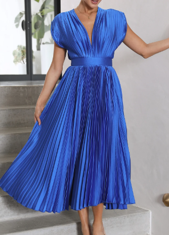 Damen-Kleid mit kurzen Ärmeln, einfarbig, lang