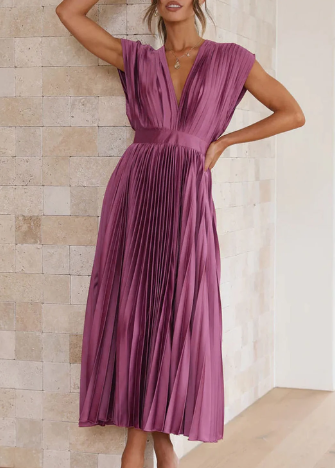 Damen-Kleid mit kurzen Ärmeln, einfarbig, lang