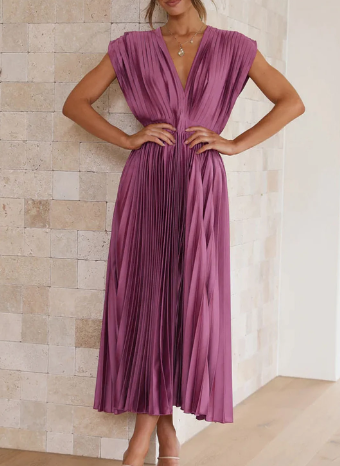 Damen-Kleid mit kurzen Ärmeln, einfarbig, lang