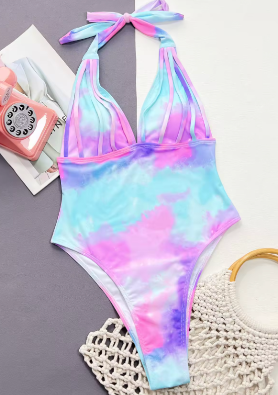 Heidi-Mode | Tie Dye Badeanzug mit Neckholder und Tiefer V-Ausschnitt