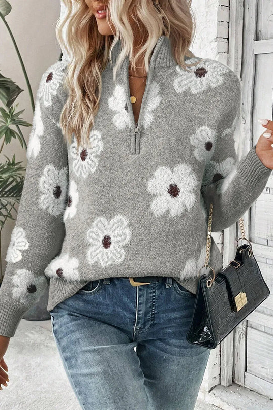 Heidi-Mode| Pullover mit Blumenmuster und halbem Reißverschluss