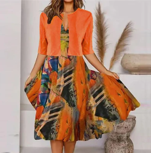 orange midi-dress with half sleeves and v-neck